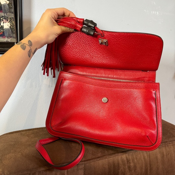 Gucci Women's Bamboo Daily Red Leather Flap Shoulder Bag - Picture 12 of 16